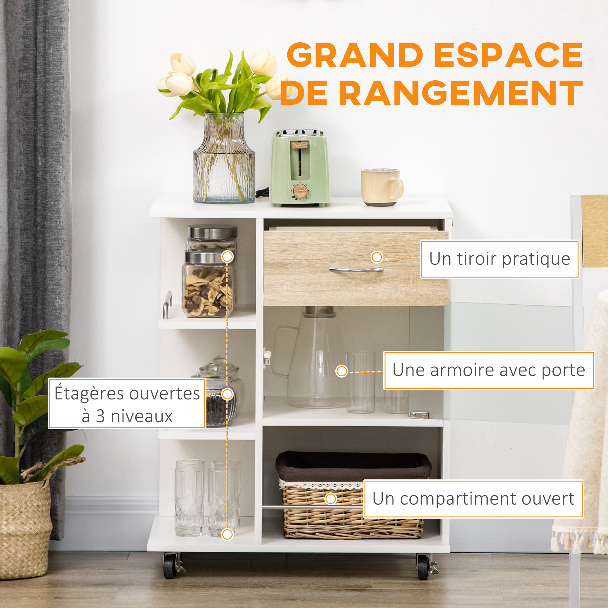 Desserte de cuisine style contemporain - 3 étagères, niche, porte verre, tiroir - blanc effet bois naturel