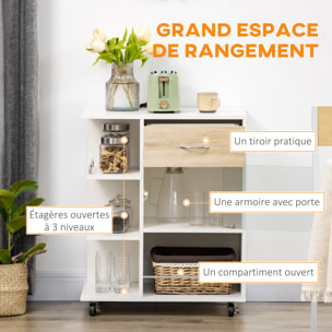 Desserte de cuisine style contemporain - 3 étagères, niche, porte verre, tiroir - blanc effet bois naturel