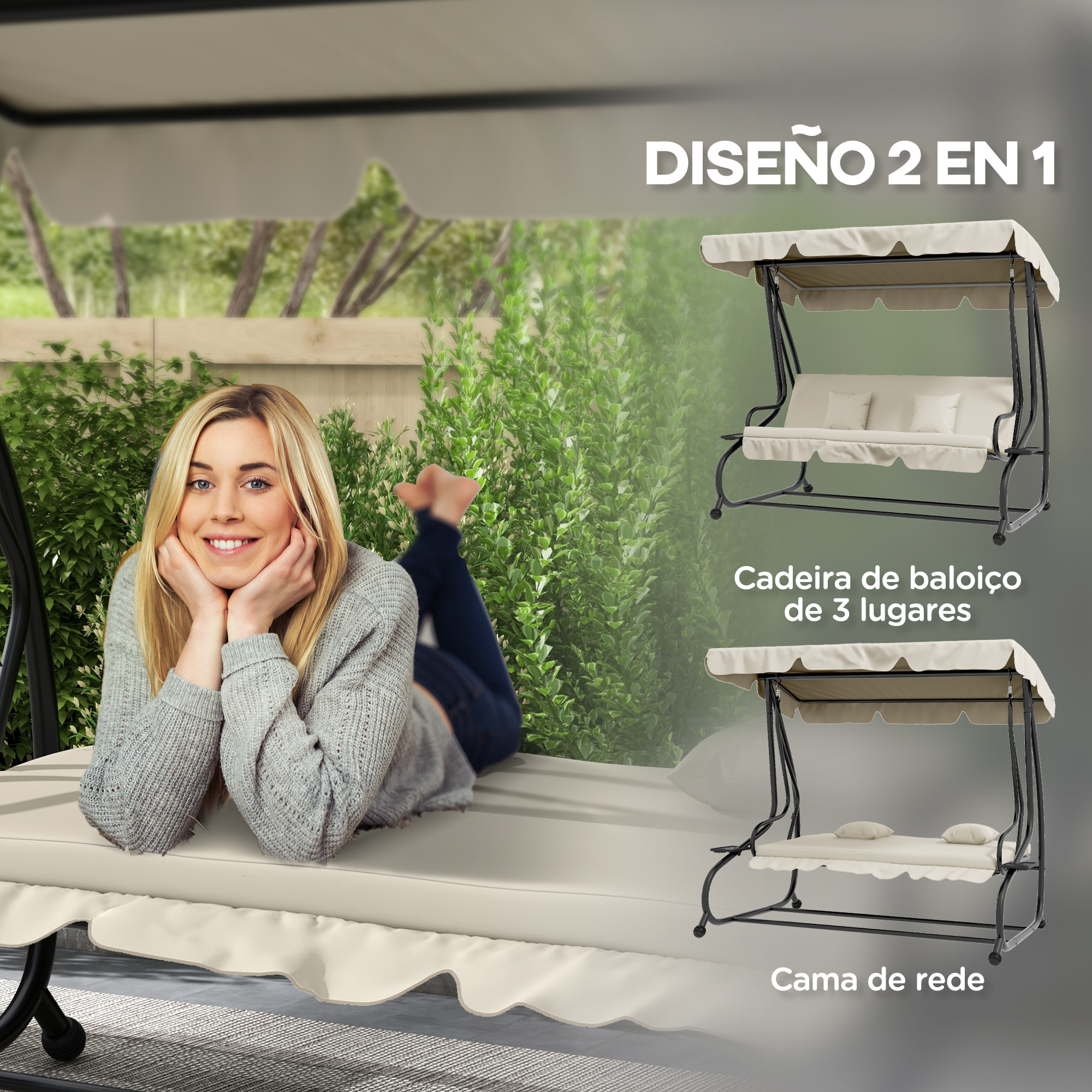 Balancín de Jardín Exterior de 3 Plazas Columpio de Jardín Exterior Convertible en Cama con Toldo Ajustable Soportes Laterales y 2 Almohadas Carga 340 kg 200x120x164 cm Crema