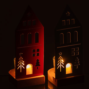 J-Line photophores maison - fer - blanc/rouge Noël - small - assortiment de 2