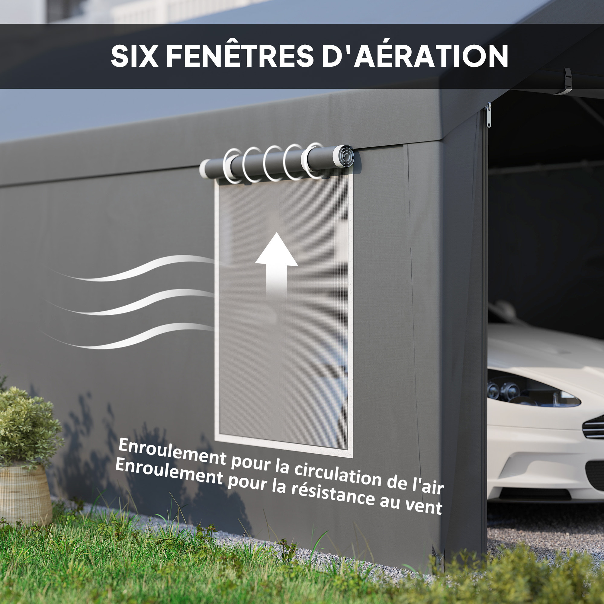 Tente garage carport grande taille 2 portes 4 fenêtres acier galvanisé robuste PE haute densité gris