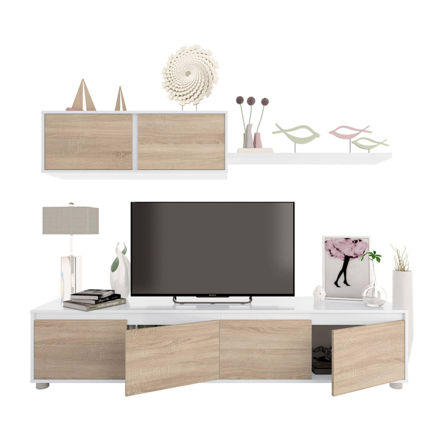 Parete attrezzata Amir, Mobile da soggiorno porta TV, Composizione set salotto, Set salotto con pensile, 200x41h43 cm, Bianco e Rovere