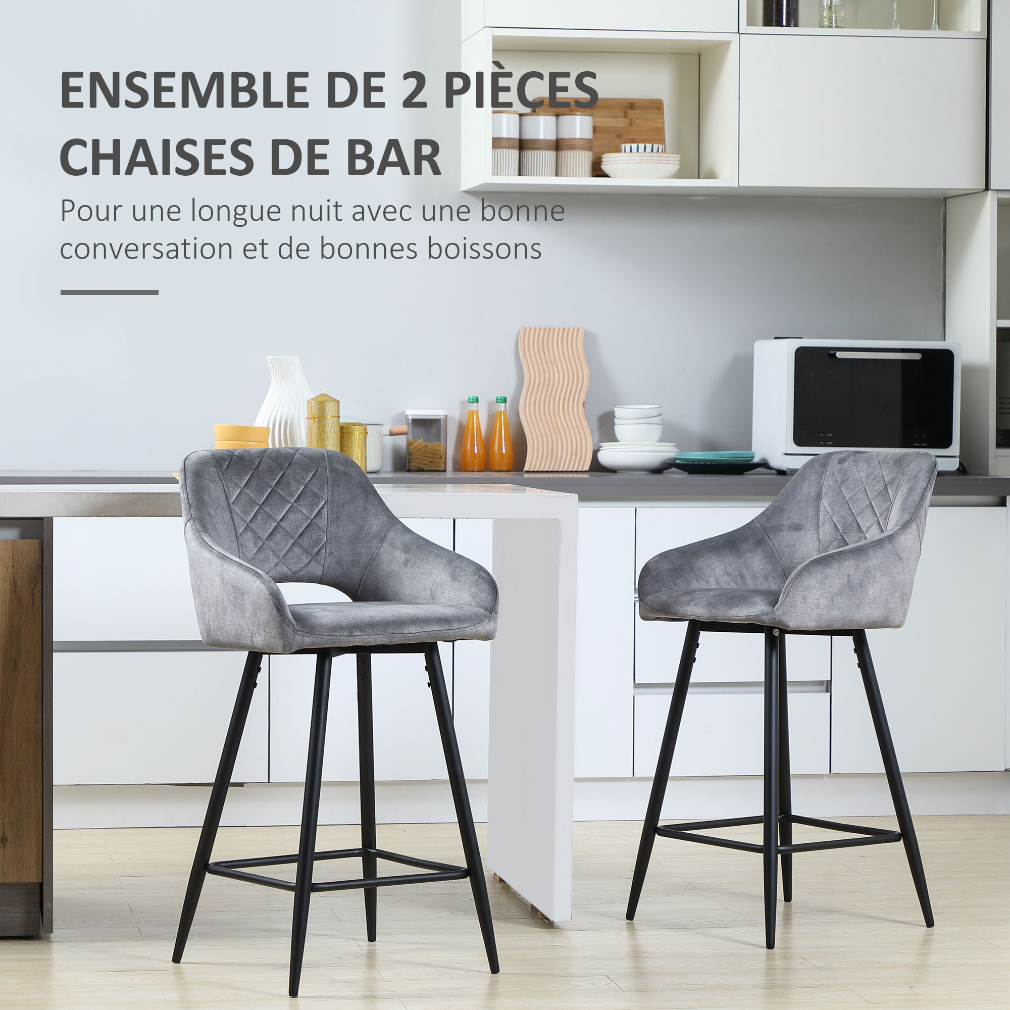 Lot de 2 tabourets de bar design Chesterfield dossier ajouré effet capitonné piètement acier effilé noir velours gris