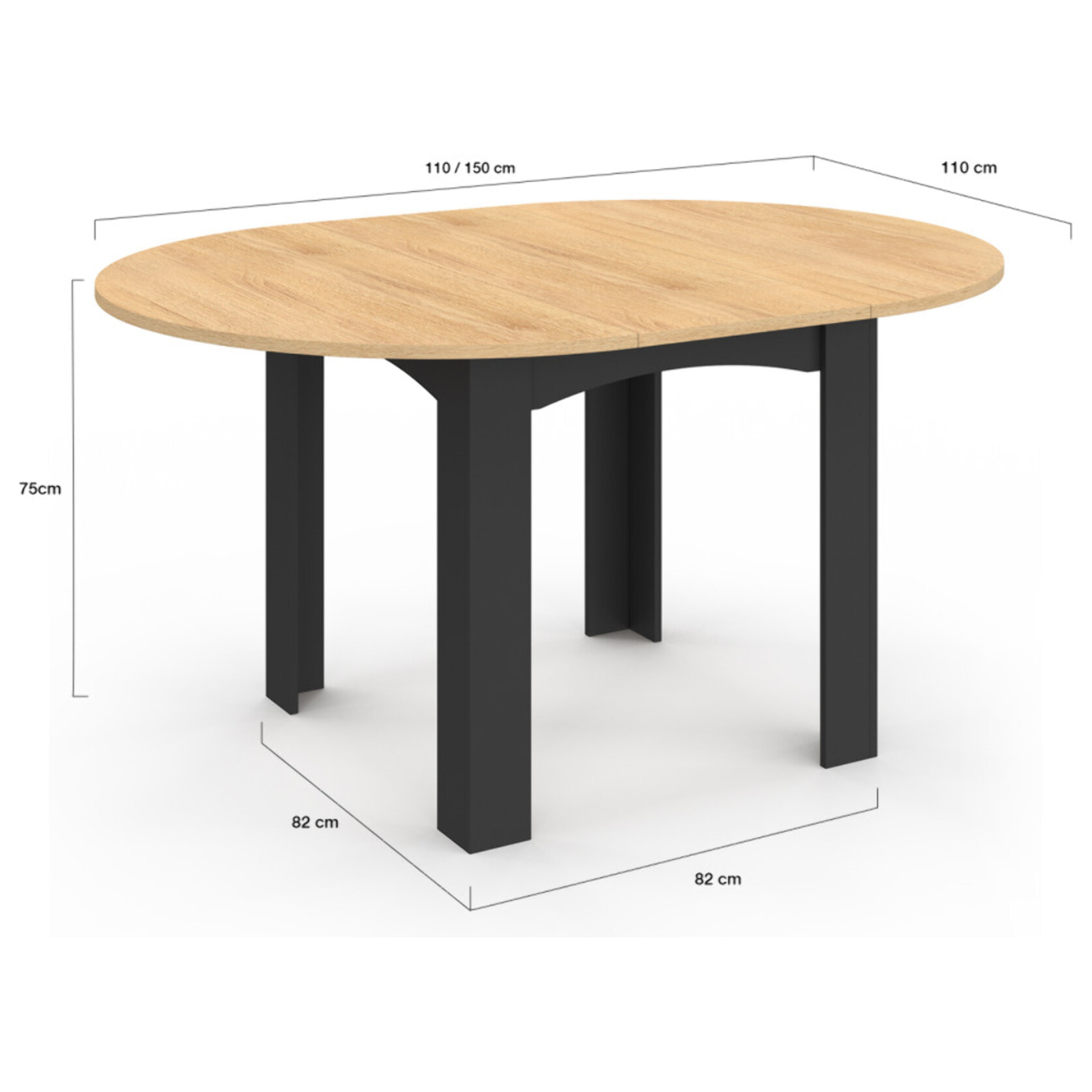Table repas Dina plateau extensible 110-150cm rond et pieds noirs