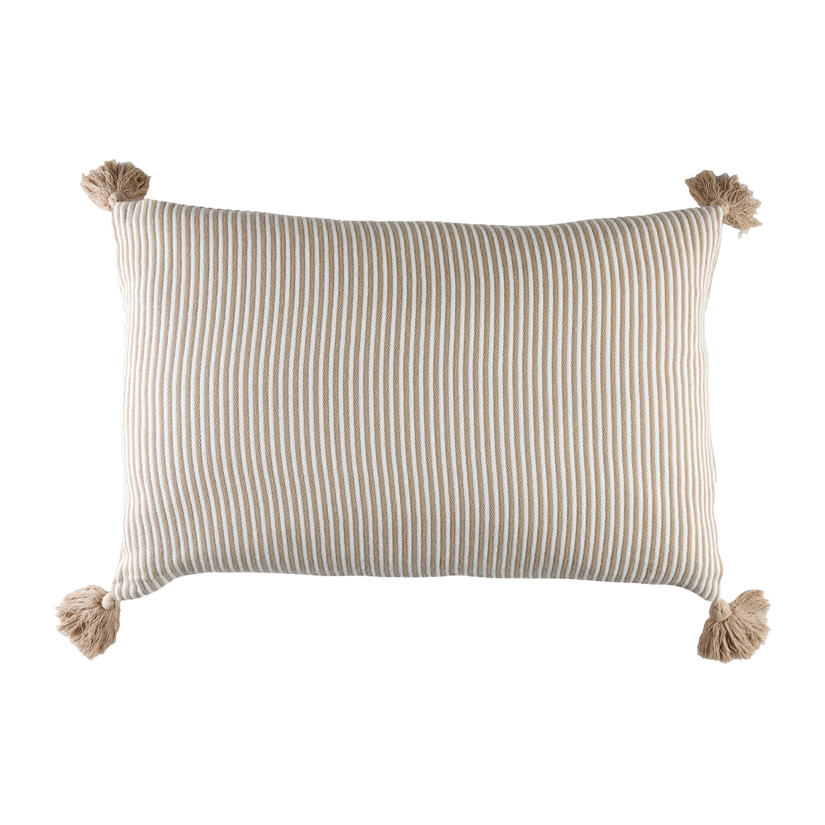 Coussin rayé à pompons - Beige