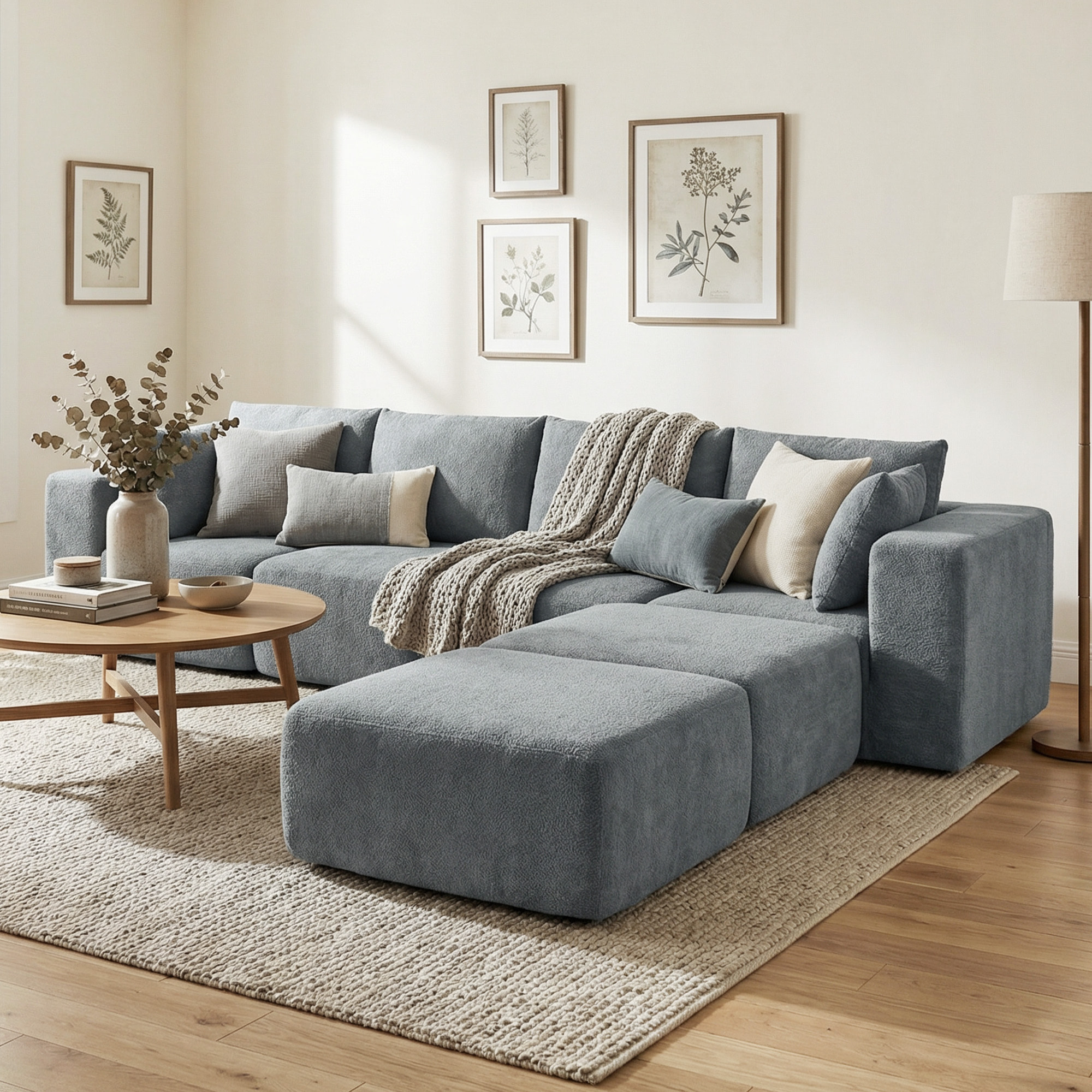 Sofá Modular en Forma de U, Sofá de Esquina Seccional de 4 Plazas con 2 Taburetes, Almohadas, Reposabrazos Anchos, sin Montaje, Asientos Amplios y Profundos, Tapizado en Terciopelo, Gris Oscuro