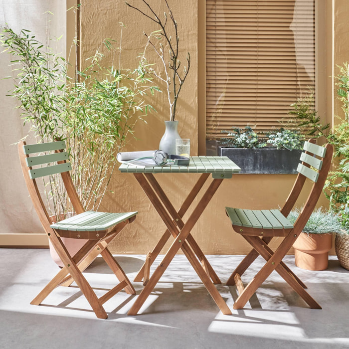 Table de jardin bistrot en bois 60x60cm - Barcelona Bois / Vert de gris - pliante bicolore carrée en acacia avec 2 chaises pliables