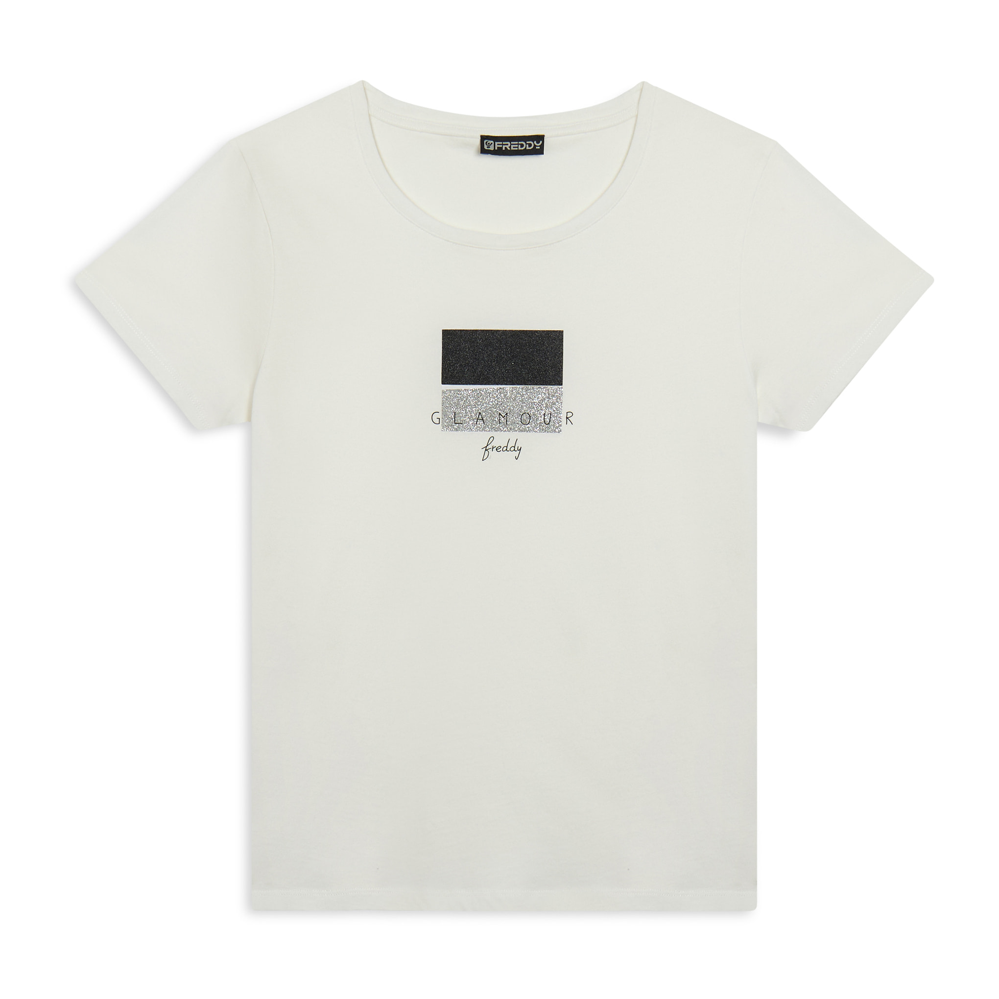 T-shirt con scritta Glamour in glitter