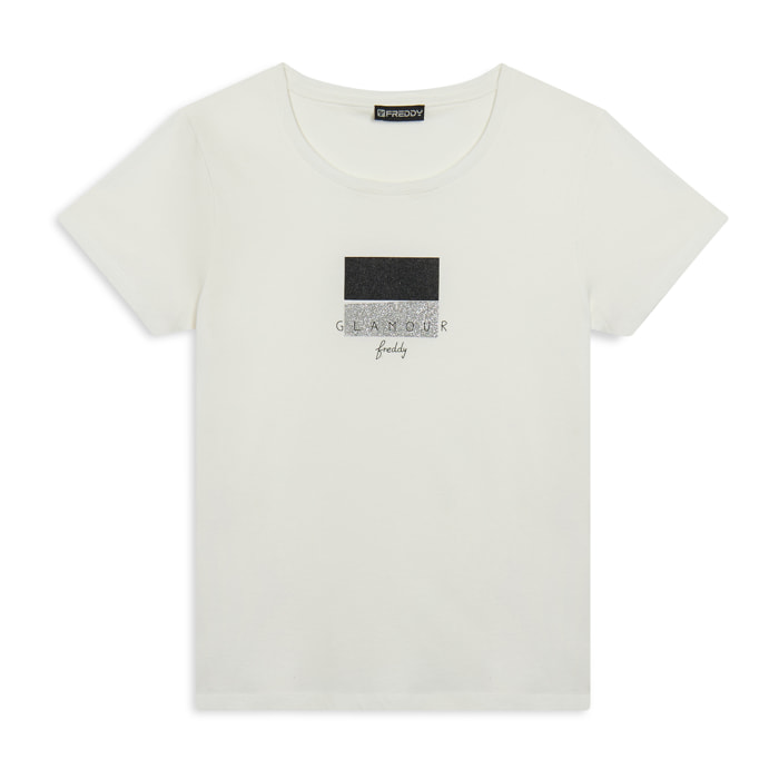 T-shirt con scritta Glamour in glitter