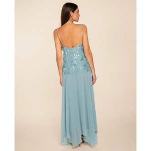 Vestido midi con cuerpo de bordados y gasa