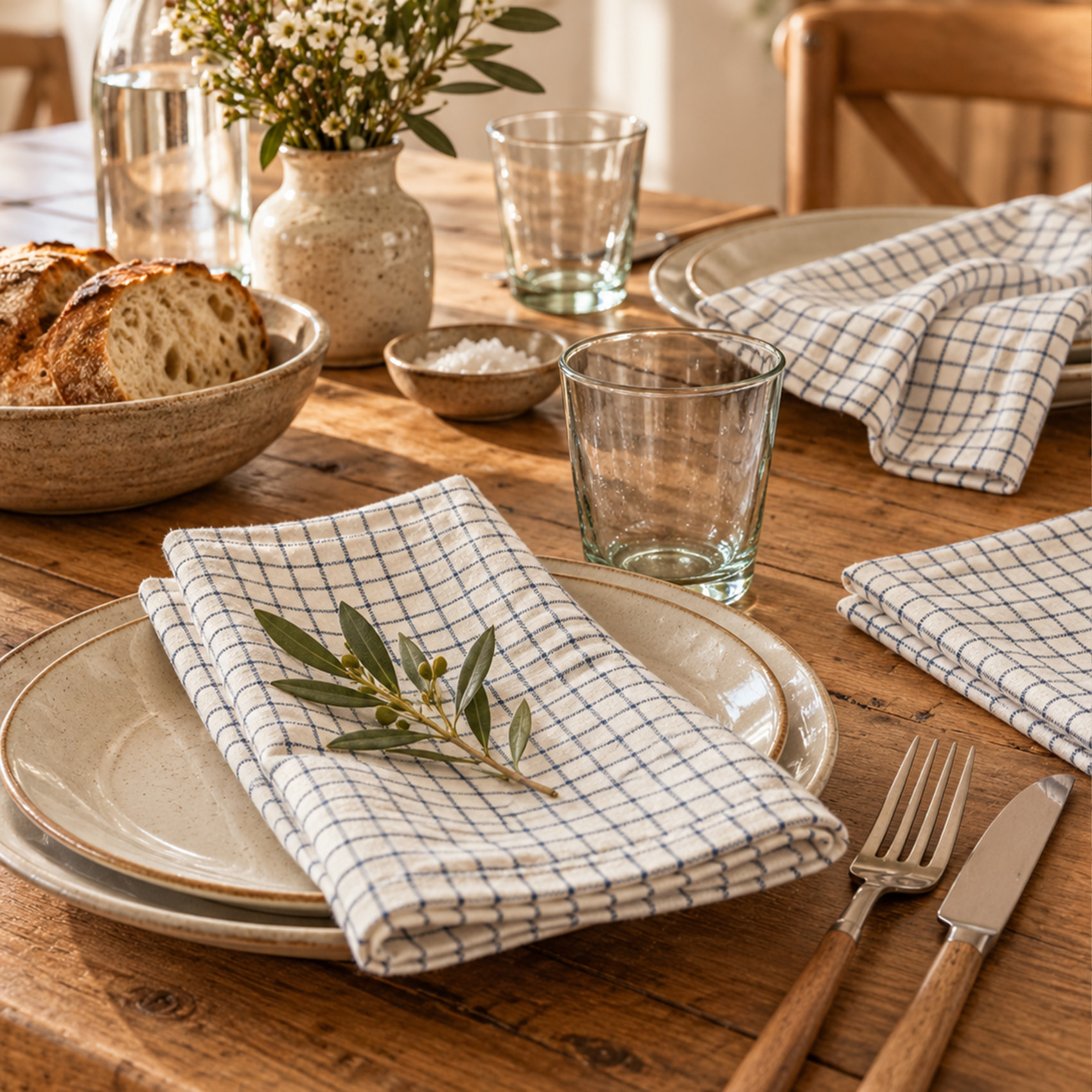 Serviette de table à carreaux en coton - Bleu