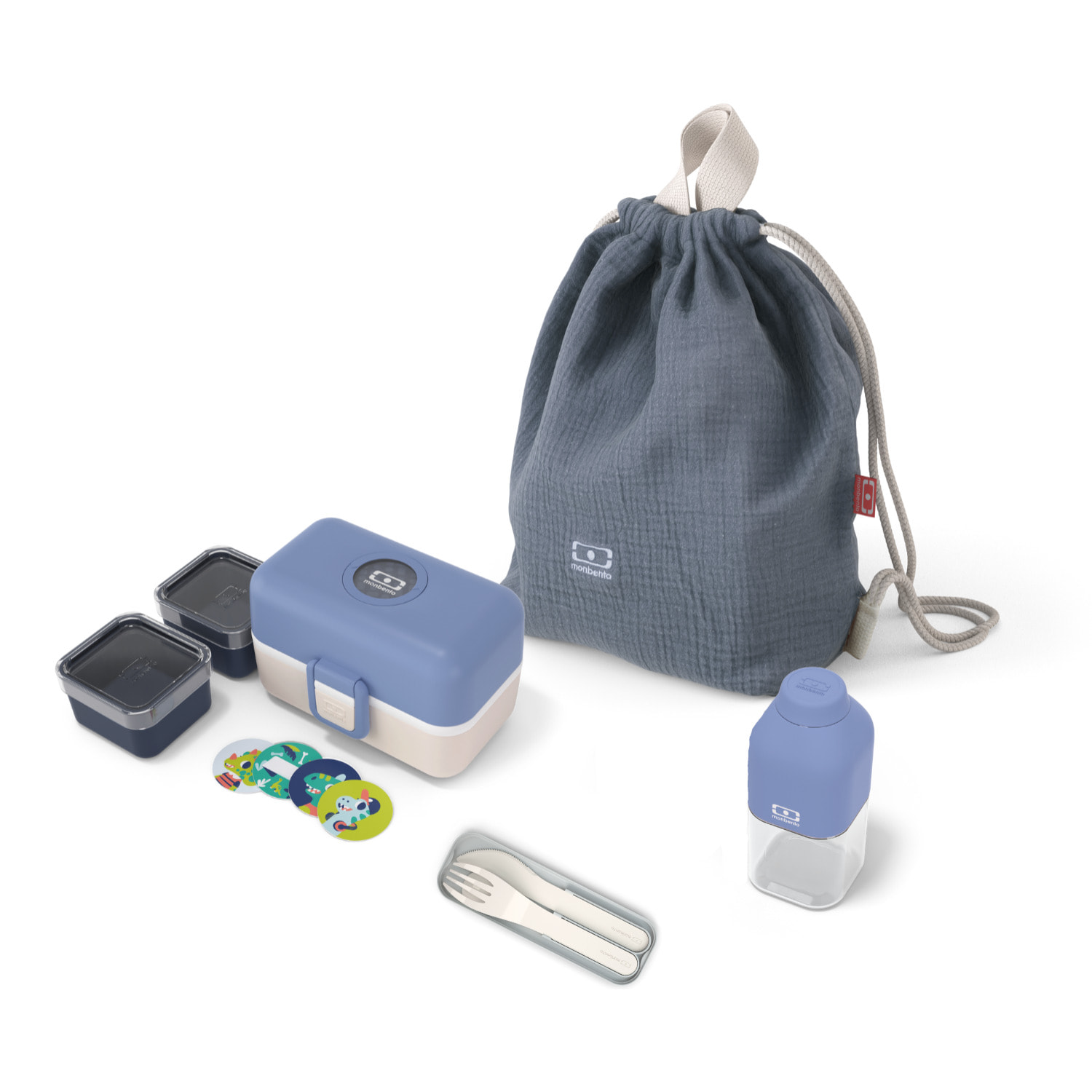 Set lunch box enfants bleu/crème avec ses accessoires