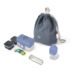 Set lunch box enfants bleu/crème avec ses accessoires