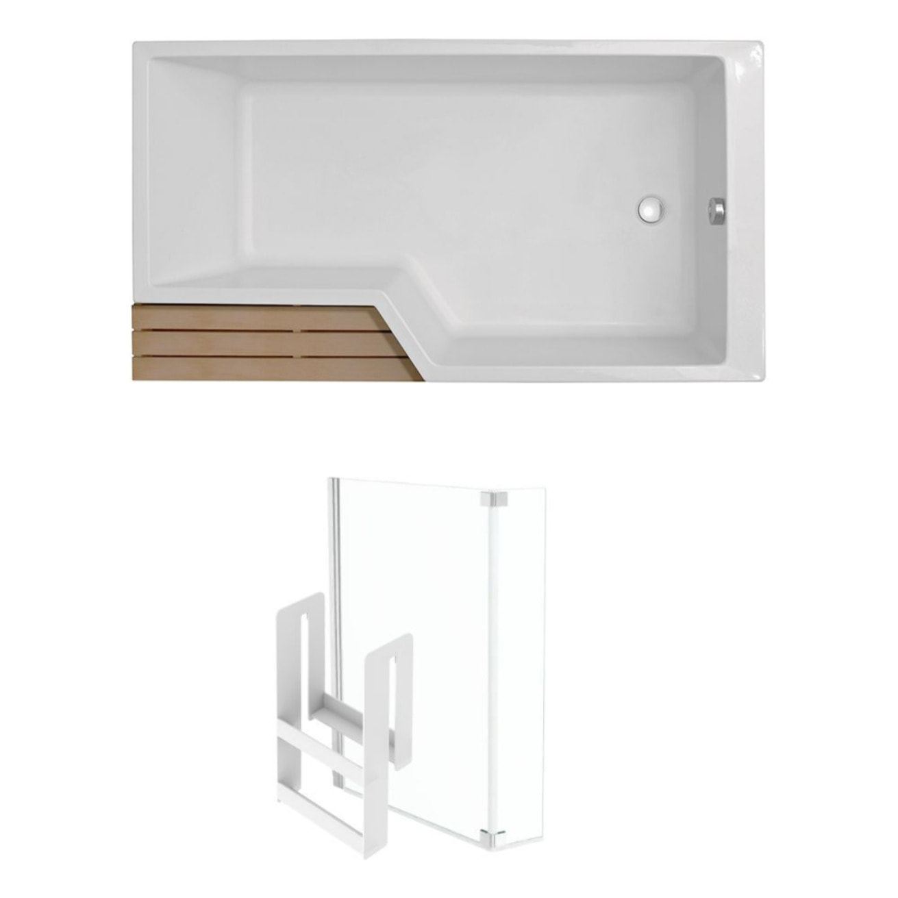 Pack baignoire bain douche antidérapante 160 x 90 Neo blanc mat - v.droite + pare bain chromé