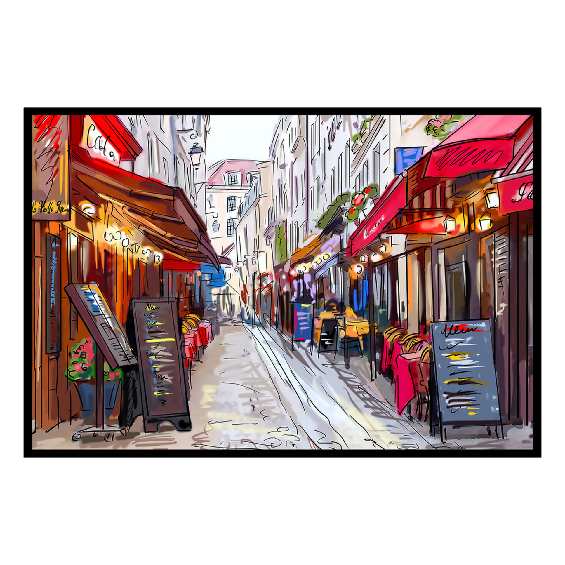 Affiche encadrée rue parisienne illustrée Affiche + cadre en métal - Noir