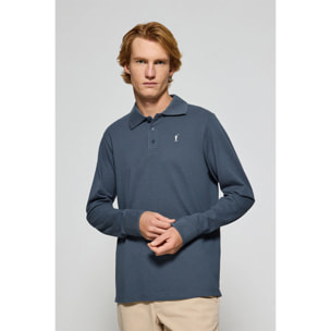 Polo a maniche lunghe con tre bottoni in blu denim con logo Rigby Go