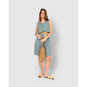 Vestido midi cuello drapeado algodón lino verde azulado