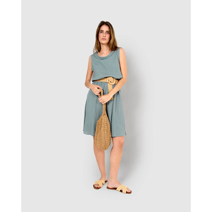 Vestido midi cuello drapeado algodón lino verde azulado