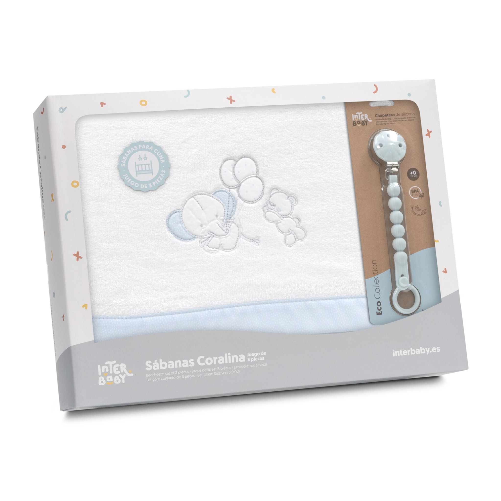 Triptico Cuna Coralina Oso Elefante Globos +Broche Bco/Azul
