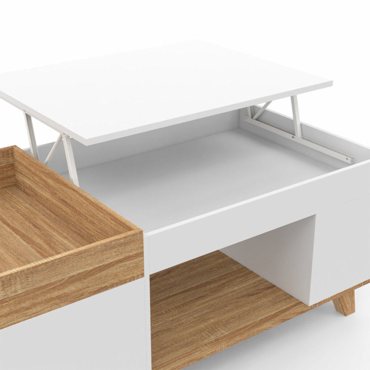 Table basse Stella relevable et double coffre bois et blanc