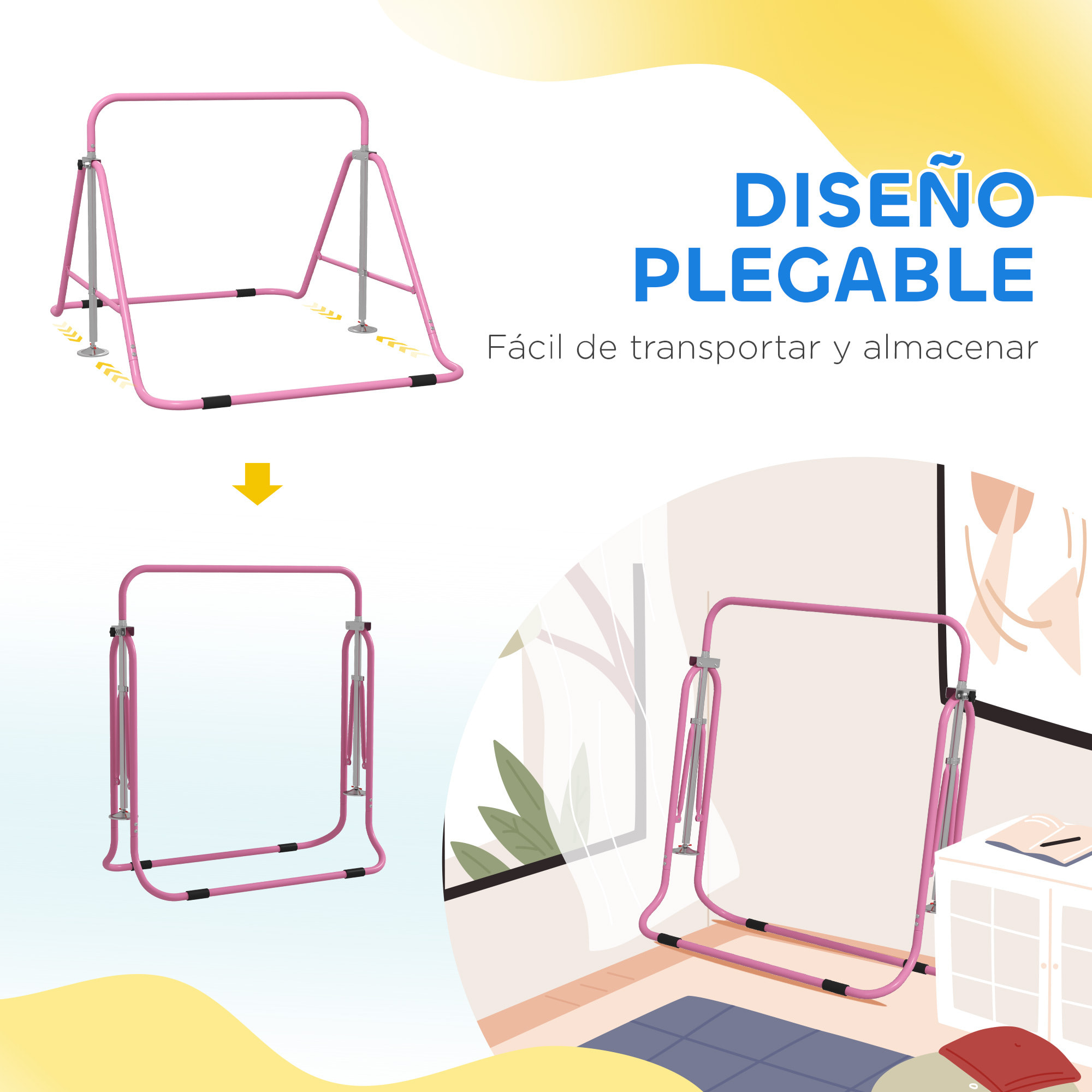 Barra de Gimnasia Artística, Barra Horizontal Plegable, Altura Ajustable, Equipo de Gimnasia para Entrenamiento en Casa, para Niños y Niñas, Rosa