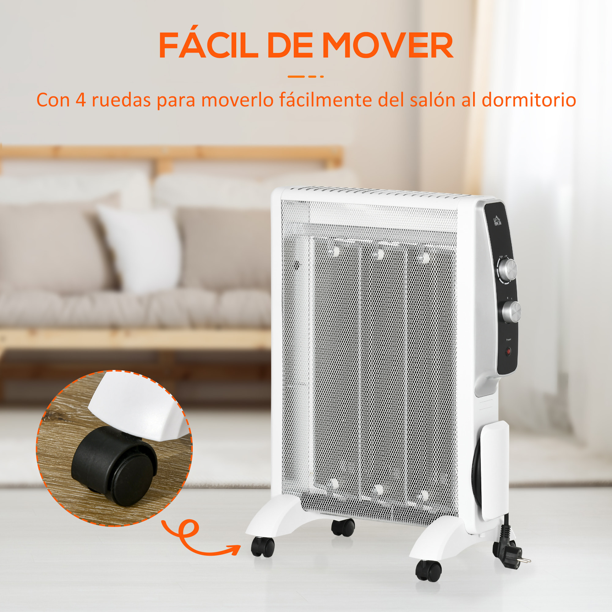 HOMCOM Calefactor Eléctrico 750W/1500W Radiador de Mica con 2 Niveles de Potencia Termostato Regulable y 4 Ruedas para Sala de 15-18 m² Silencioso 47x26,5x61,5 cm Blanco