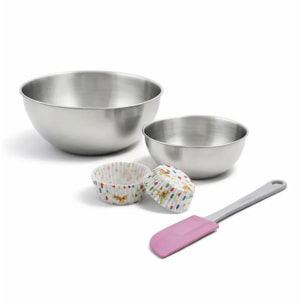 Lot comprenant 50 moules à muffins, 1 spatule Zenker, 2 bols à mixer en inox Fackelmann