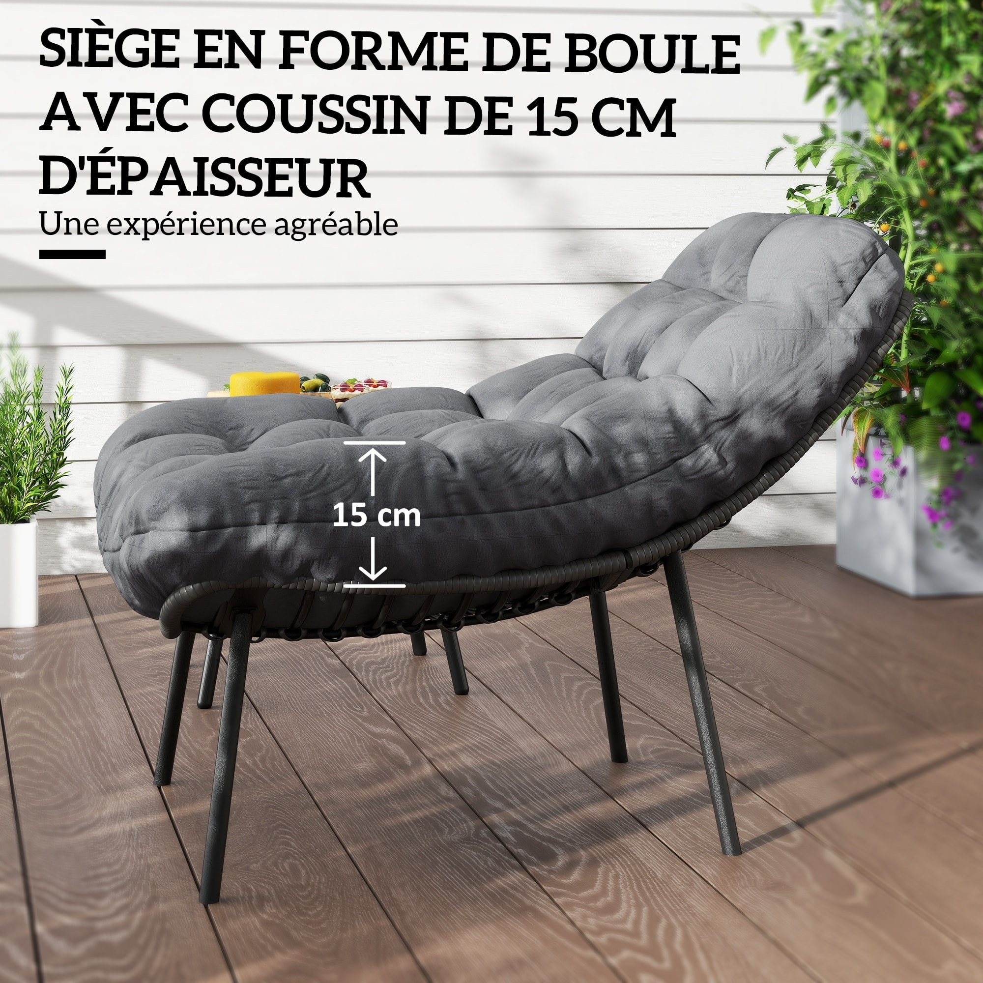 Salon de jardin 2 places 3 pièces style cosy épais coussins capitonnés 15 cm acier résine gris