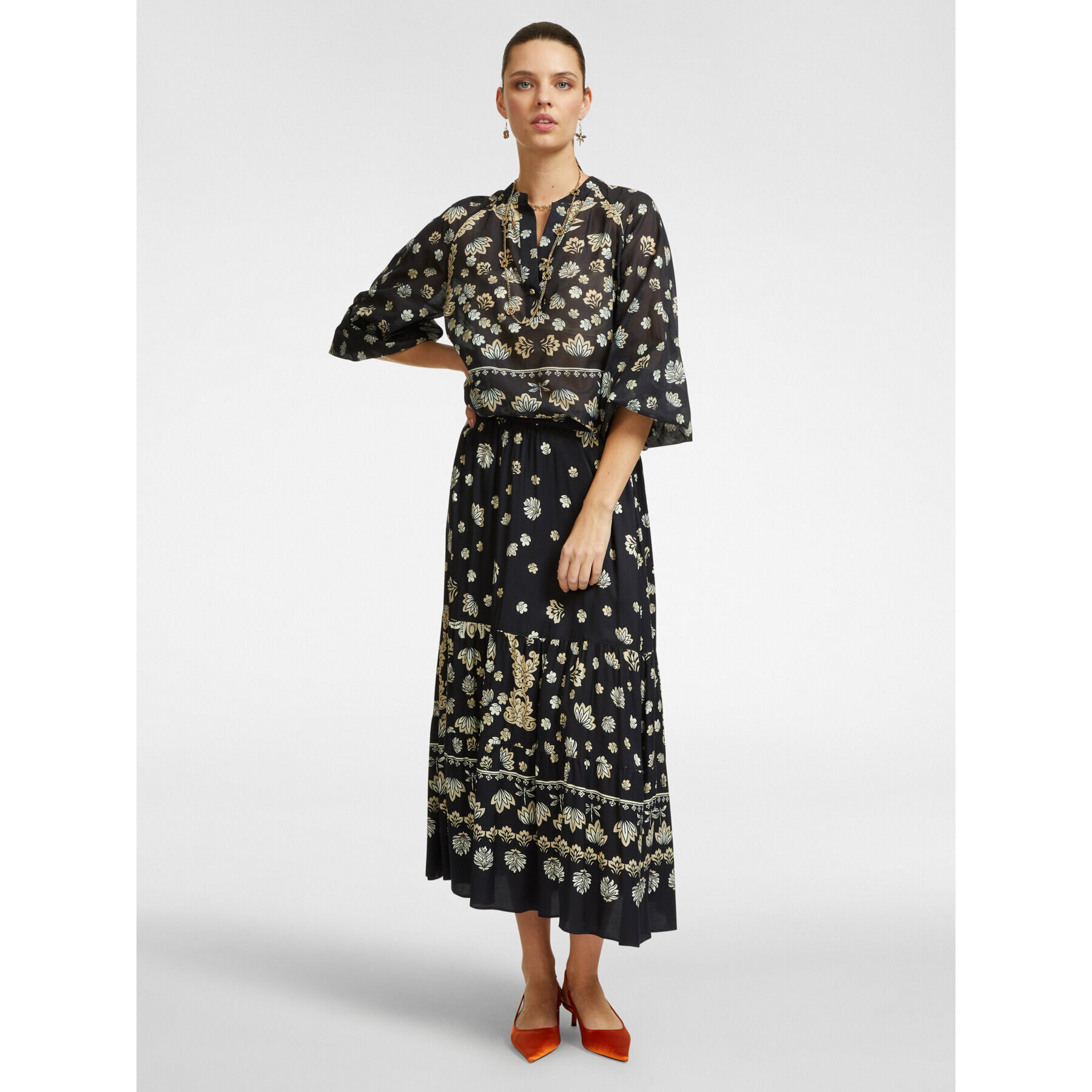 Elena Mirò - Blusa de muselina de algodón estampada - Negro