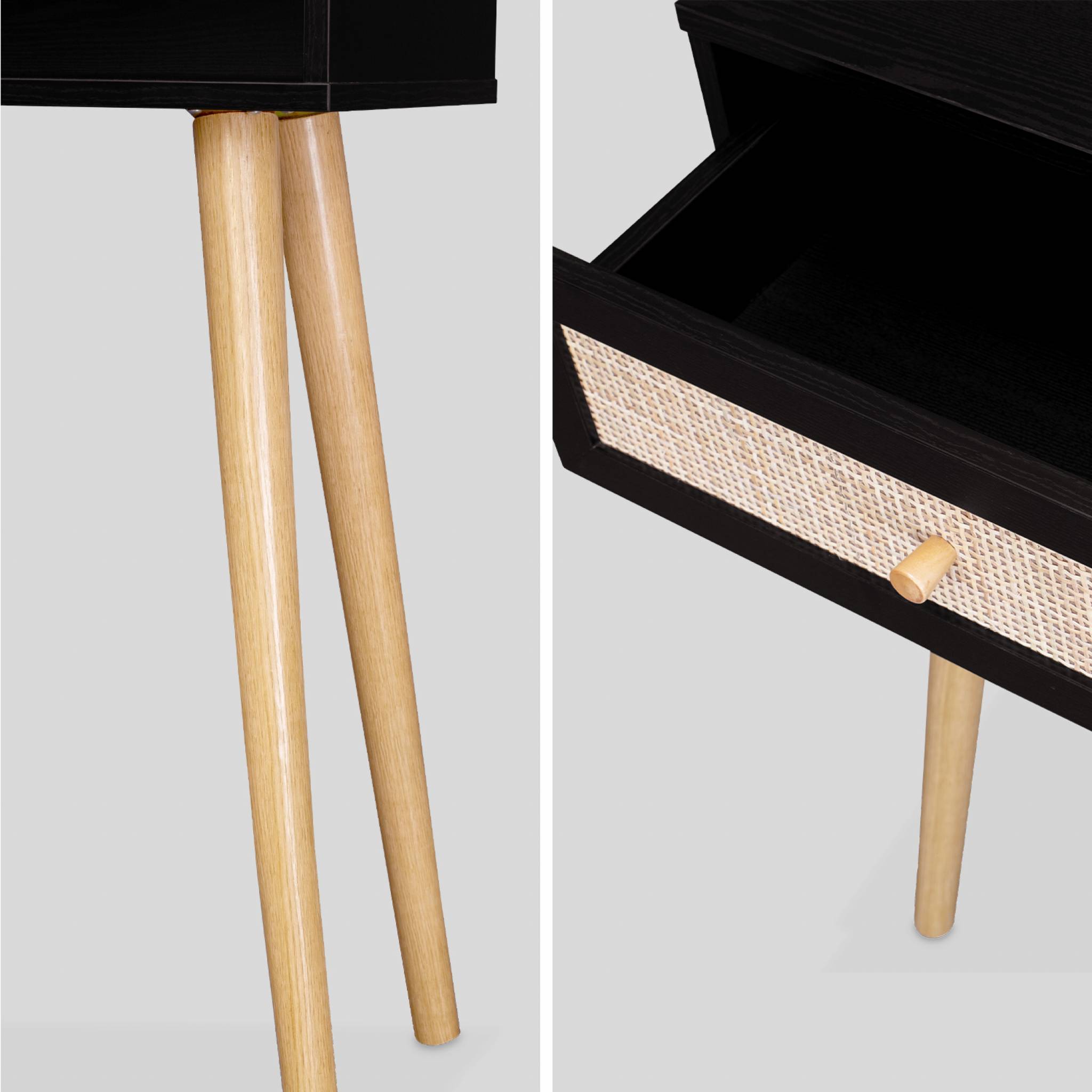 Console en cannage 100x29x81cm  -  Bohème -  Noir. 1 tiroir.1 espace de rangement. pieds scandinaves décor bois. 1 poignée