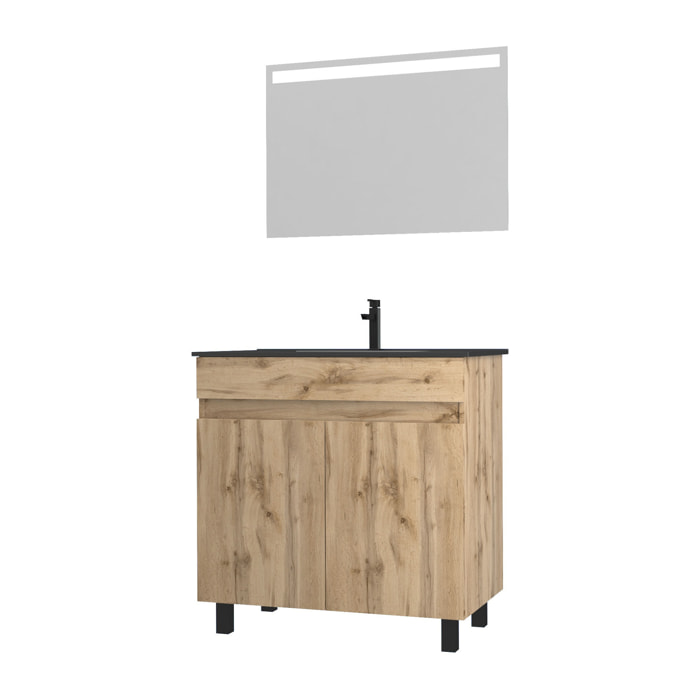 Meuble salle de bain 80x80 - Finition chene naturel + vasque noire + miroir Led - TIMBER 80 - Pack06