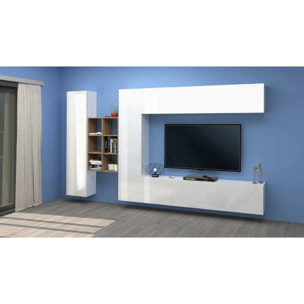 Parete attrezzata Danilo, Set salotto porta TV a 4 ante, Mobile soggiorno multiuso, 100% Made in Italy, cm 280x30h180, Bianco lucido e Acero