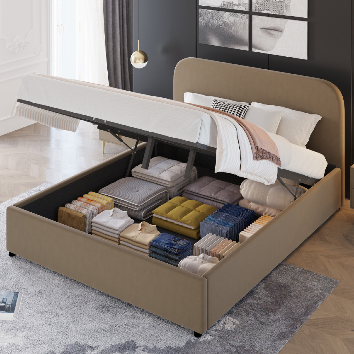 MENDOZA Lit avec coffre de rangement 140x190cm velours taupe