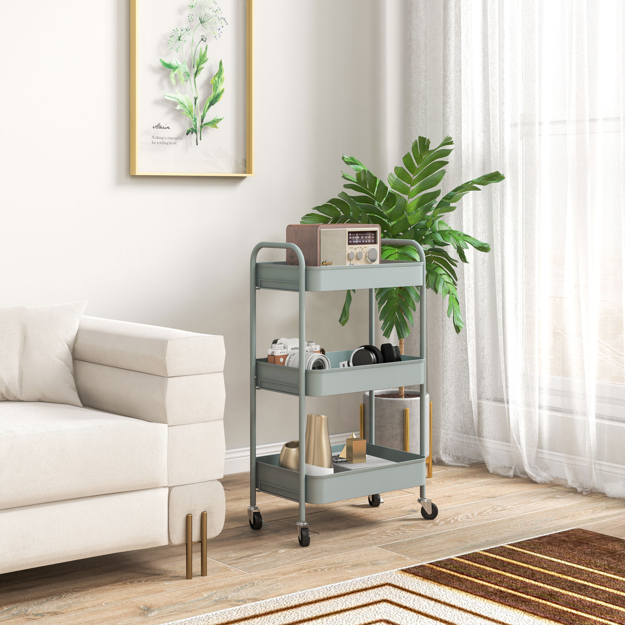 HOMCOM Carrito Auxiliar con Ruedas Carrito de Almacenamiento con 3 Cestas y Marco de Acero para Salón Dormitorio Oficina Cocina 45x30,6x79 cm Azul Claro