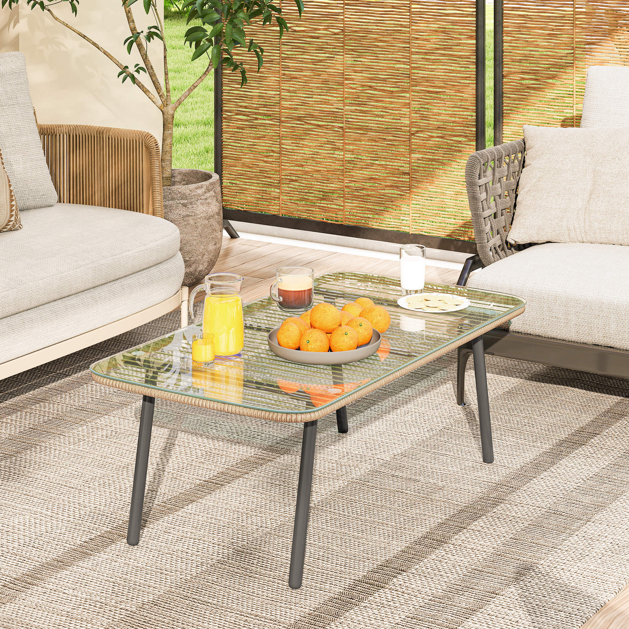 Table basse de jardin style Acapulco piètement incliné acier noir résine filée effet naturel plateau verre trempé