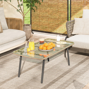 Table basse de jardin style Acapulco piètement incliné acier noir résine filée effet naturel plateau verre trempé