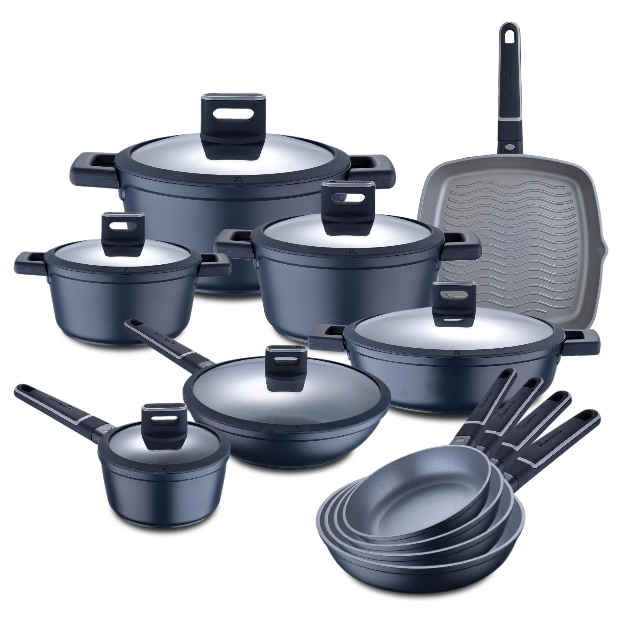 Batería de cocina de 17 piezas índigo en aluminio fundido con sartenes, wok, parrilla, cacerolas y cazo con tapas masterpro