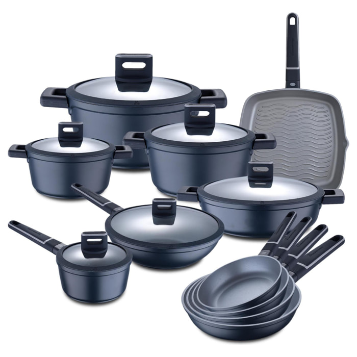 Batería de cocina de 17 piezas índigo en aluminio fundido con sartenes, wok, parrilla, cacerolas y cazo con tapas masterpro