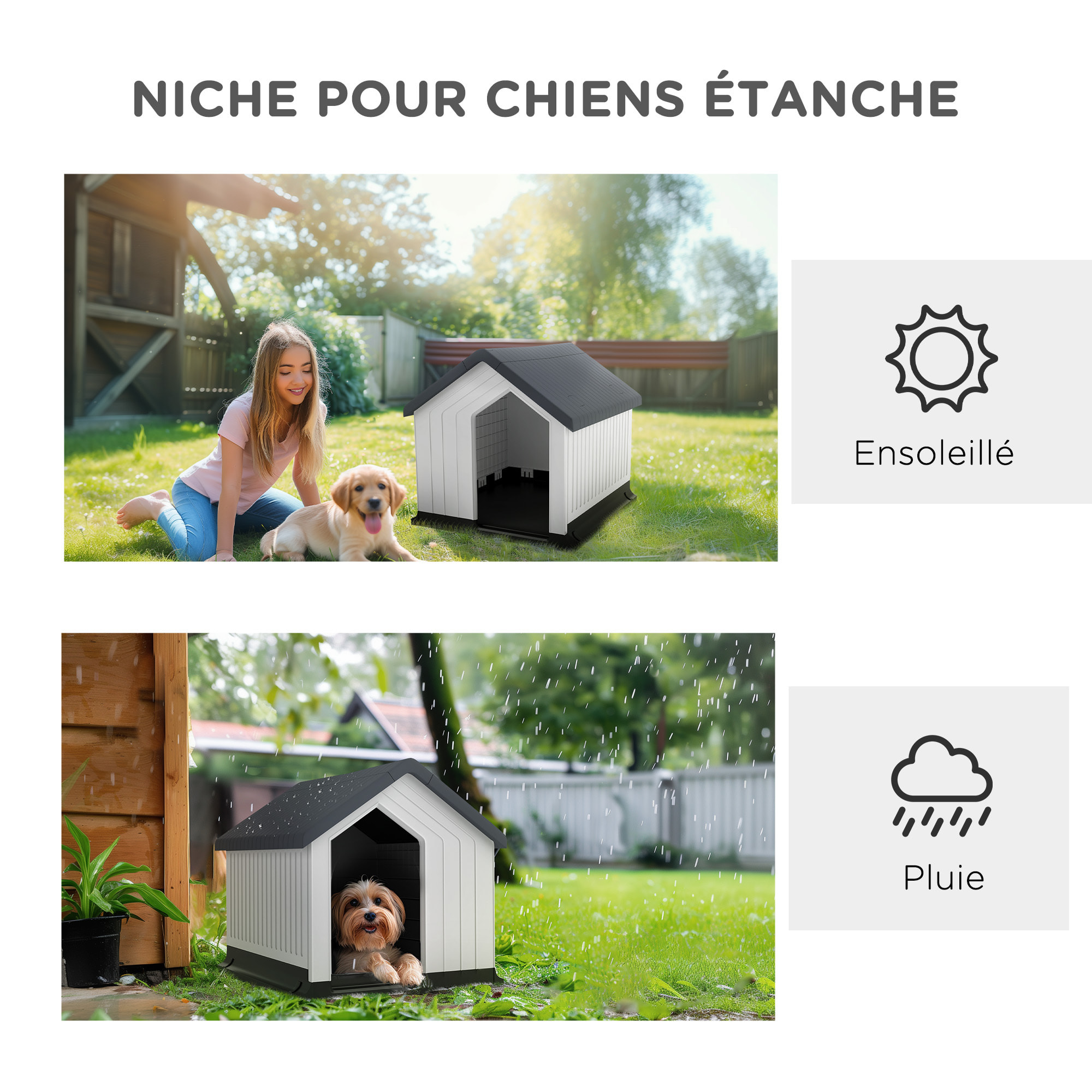 Niche chien extérieure - maison chien - niche plastique - grille d'aération - dim. 62L x 61l x 60H cm - blanc gris noir