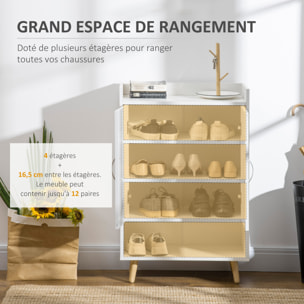 Meuble à chaussures scandinave placard 2 portes 4 étagères pieds effilés inclinés bois panneaux particules blanc