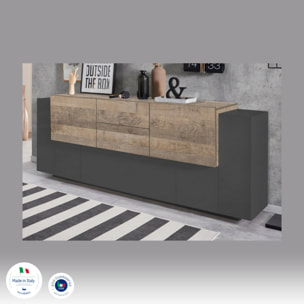 Credenza Cesare, Madia da cucina a 5 ante e 2 cassetti, Buffet da soggiorno, Madia da cucina, 100% Made in Italy, cm 220x45h86, Antracite e Acero