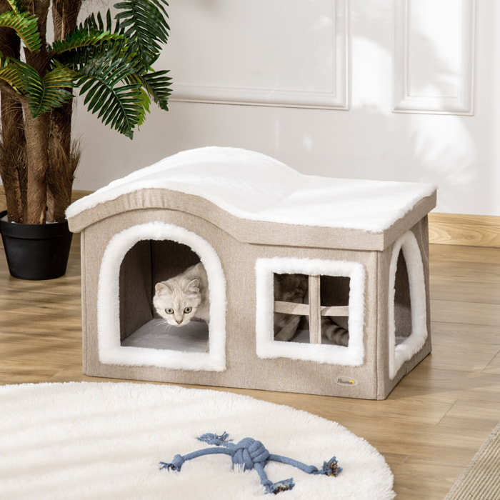 Casa Plegable para Gatos Interior Cueva para Gatos Grande con Tapa Extraíble Cojines 2 Entradas y Ventana Taburete para Gatos 63,5x37x40 cm Beige