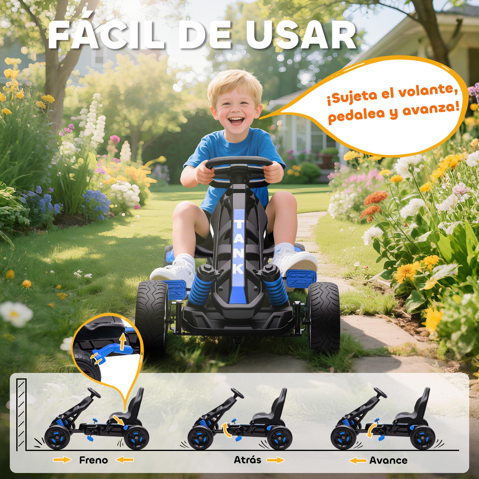 Kart Pedales para Niños de +3 Años Go Kart con Embrague Automático Freno Ruedas Antideslizantes de EVA y Marco Metálico Carga 50 kg Azul