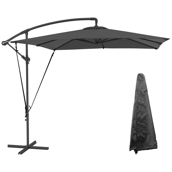 Parasol Excéntrico 247x247 cm Sombrilla de Jardín con Base Cruzada Cubierta Ajustable Manivela Funda Protectora y Cuerda de Viento Anti-UV 50+ Sombrilla para Terraza Patio Gris Oscuro