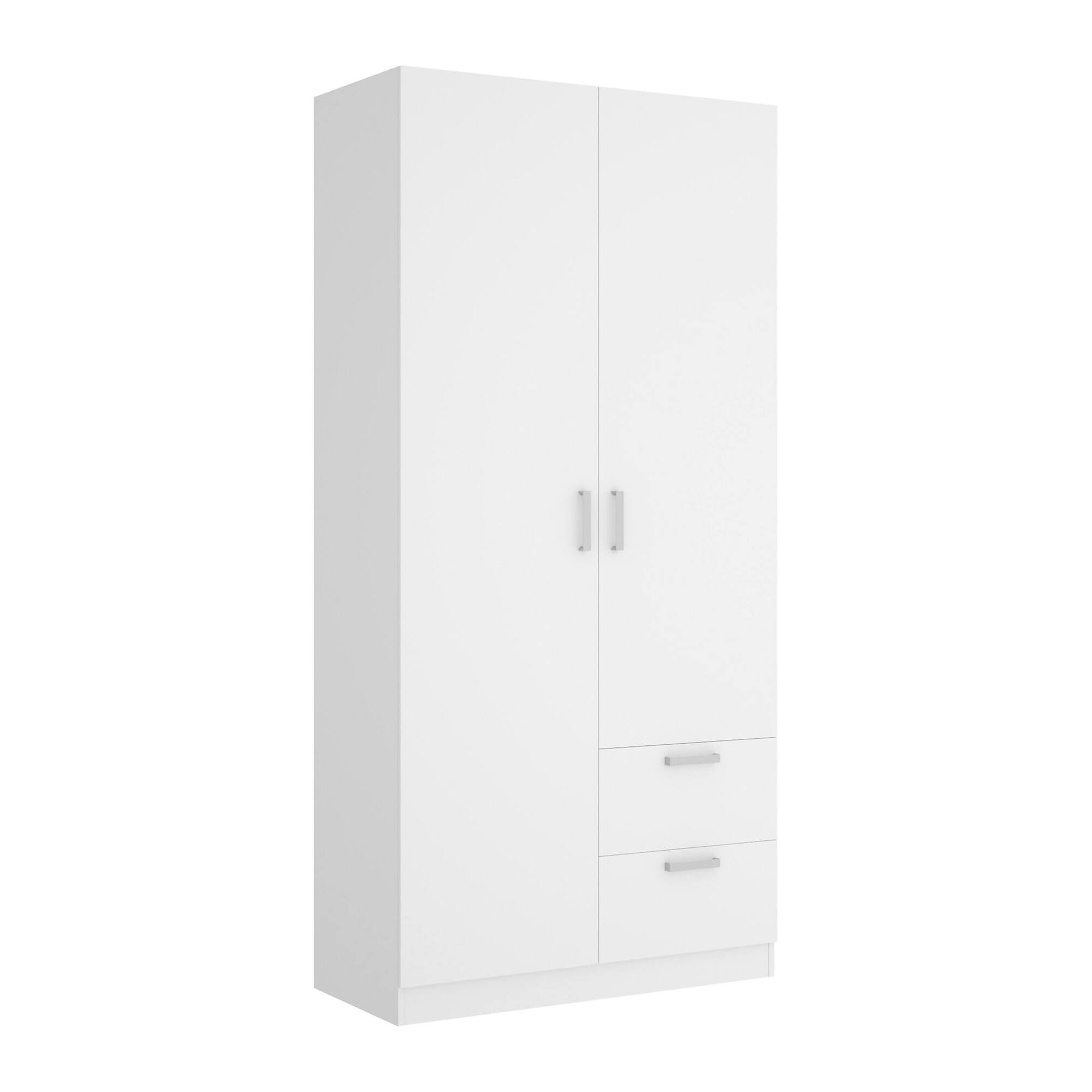 Guardaroba 2 ante Amp, Mobile appendiabiti per camera da letto, Armadio 2 cassetti, 100x52h215 cm, Bianco