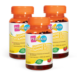 PEDIAKID - Gommes Vitamine D3 - Renforcement des défenses naturelles - Croissance & résistance - Dès 3 ans - Goût Fraise - Couvre 100% des apports journaliers recommandés - Lot de 3 Piluliers