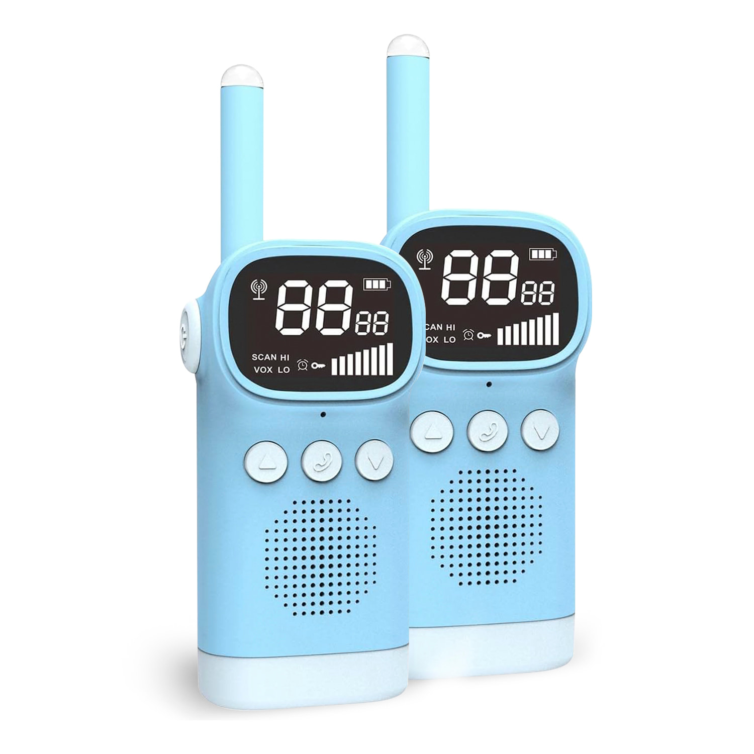 DAM Walkie Talkies infantiles D20, 1-3 km, pantalla de 1,5 LCD, 99 códigos de grupo encriptados. 2 unidades. 5,4x3,5x14,3 Cm. Color: Azul