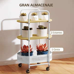 Carrito Auxiliar con Ruedas Carrito de Cocina de 3 Niveles Carro de Almacenamiento con Cesta y Estantes Carga 30 kg para Comedor Salón Dormitorio 49,5x32,5x82,5 cm Blanco y Madera Natural