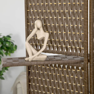 Paravent intérieur 4 panneaux 2 étagères pliables séparateur de pièce bois de pin bambou fibres de papier tressée marron paille