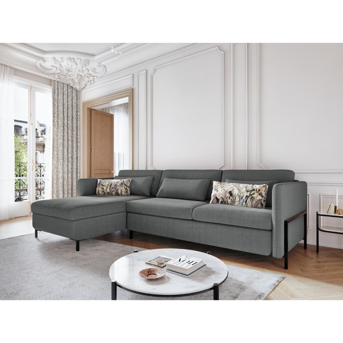 Canapé d'angle gauche convertible avec coffre de rangement "Yanis" 4 places en tissu structurel gris